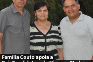 Na tarde desta sexta-feira (08), em Visita ao Espaço Catetinho, no Caub I, região do Riacho Fundo II, recebe o apoio da Família Couto. Os empresários, Vicente e Ana Maria Couto, do ramo de eventos, vê em Vicemar Medeiros o perfil adequado, para representar o povo do Distrito Federal e lutar pela cidade do Riacho Fundo II.